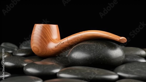 Elegant wooden pipe resting on smooth black stones, with a dark background enhancing its beauty