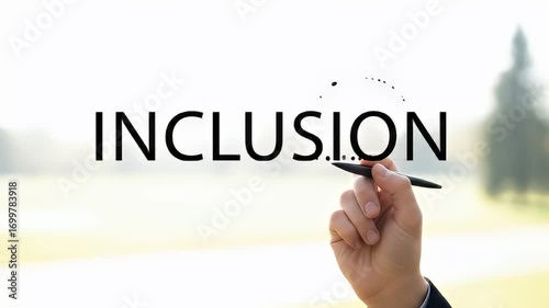 Business professional writing the word 'INCLUSION' on a clear background, symbolizing diversity