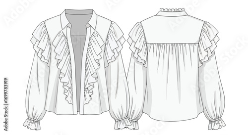 Technical fashion drawing of a woman's blouse featuring ruffles and long sleeves presented in front and back views against a white background
