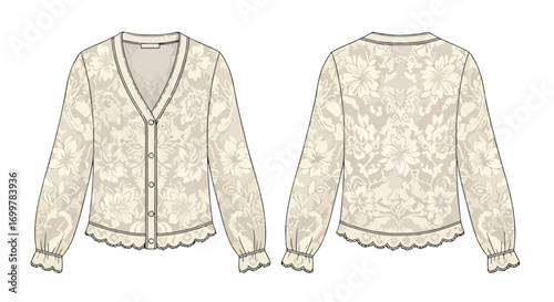 Detailed flat sketch showcasing a floral patterned cardigan design with front and back views displayed elegantly for fashion industry use