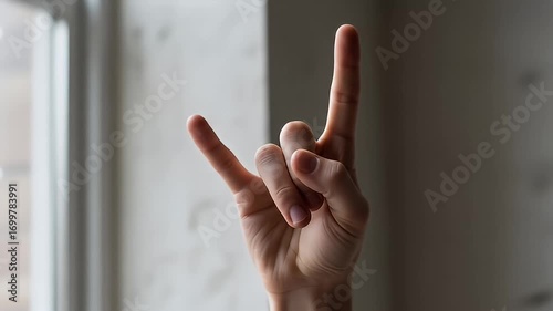 A hand making a rock sign gesture near a window with natural light illuminating the scene