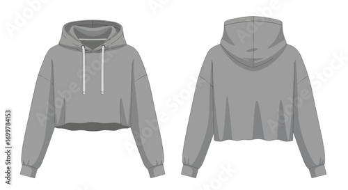 Isolated stylish grey crop top hoodie illustration showcasing front and back views against a plain white background design for fashion