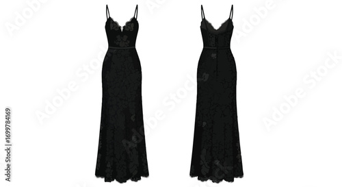 Elegant black lace gown, front and back view, sleeveless design with delicate lace trim, perfect for formal occasions and refined evening wear