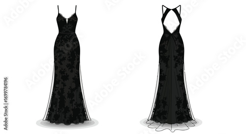 Elegant black evening gown with lace floral detailing and open back design, displayed on white background for design mockups