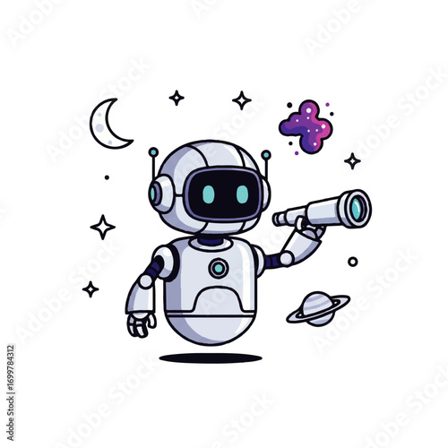 An endearing cartoon robot holding a telescope, exploring celestial elements like stars and planets, representing innovation and discovery in the vastness of space
