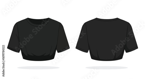 Stylish black crop top vector illustration showcasing front and back views for fashion design and apparel mockups