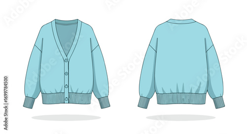 Vector Illustration of a Fashionable Cardigan Design in Pale Blue and Ribbed Cuffs Front and Back View on a White Backdrop