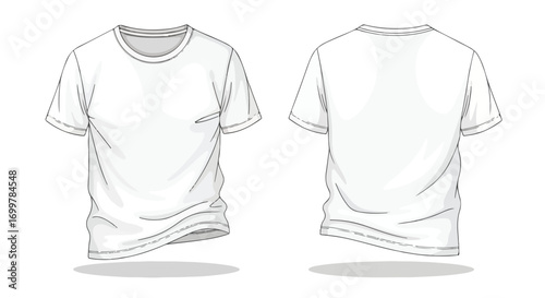 Blank white t-shirt template mockup, showcasing front and back views for design presentation apparel branding, ready for custom prints or logos