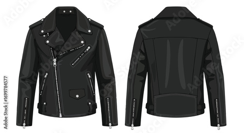 Illustrated black leather biker jacket showcasing the front and back details on a white background