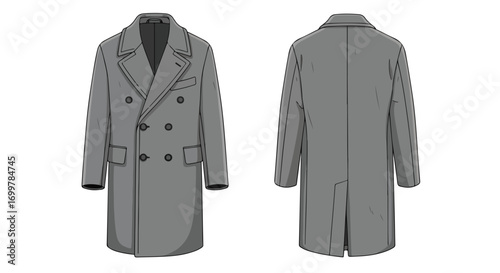 Conceptual Gray Double-Breasted Overcoat Illustration Showcasing Front and Back Details for Apparel Design and Fashion Technical Drawings