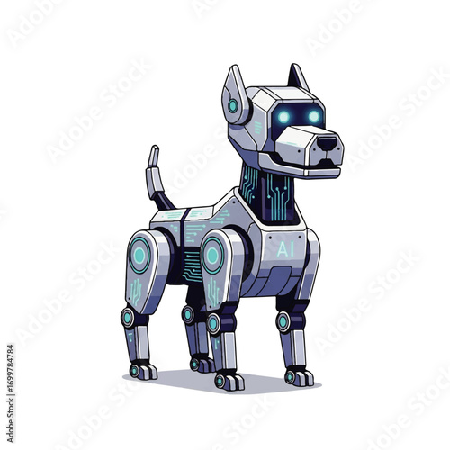 Intelligent robotic dog featuring intricate circuit designs and glowing elements, representing the future of AI-powered companions and advanced technological innovation