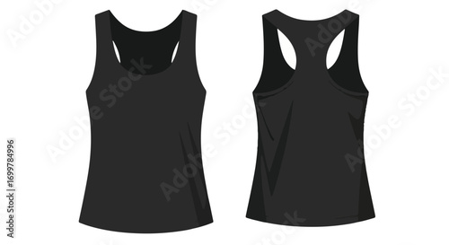 Sleeveless black tank top showcased in front and back views offering apparel design and fashion possibilities for athletic wear or casual outfits
