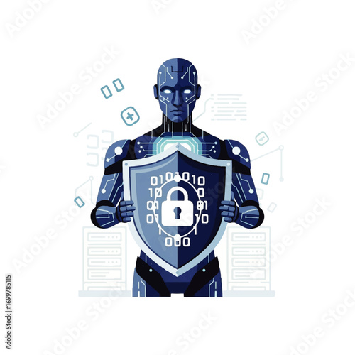 Futuristic robot holding a shield with a padlock and binary code, symbolizing cybersecurity and data protection