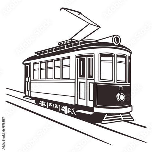 Classic electric streetcar journeying along urban tracks, a nostalgic black and white illustration representing vintage public transportation and city travel history and charm