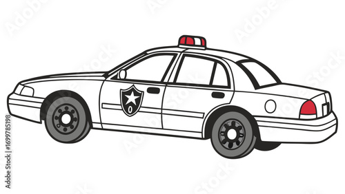 Stylized illustration of a traditional police patrol car, featuring distinct emergency lights and a shield emblem, representing law enforcement, public safety, and official security services