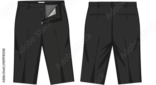 Illustration of tailored black trousers showcasing front zip, button closure, and back pocket design for fashion visualization