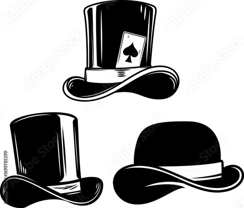 Set of monochrome illustrations of vintage hats. Design element for logo, emblem, sign. Vector illustration