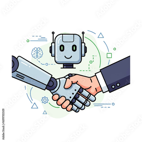 A compelling concept human and robot hands shaking, symbolizing future collaboration, artificial intelligence, and innovative partnerships in technology and business