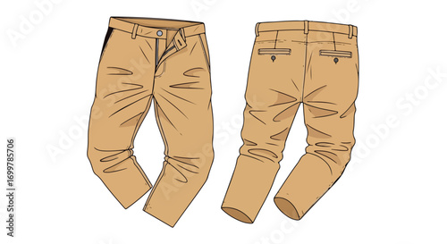 Illustration showcasing the front and back views of a pair of casually styled khaki trousers for fashion related product demonstration