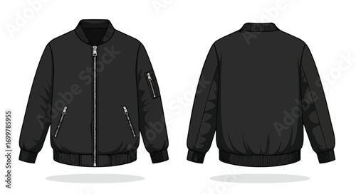 Black bomber jacket illustration showcasing front and back perspectives of contemporary outerwear style