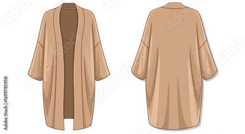 Fashionable kimono cardigan illustration showcasing the front and back design views with simplistic and soft design line representation