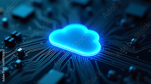 Luminous Blue Cloud Icon on a Dark Circuit Board with Electronic Components cloud computing technology