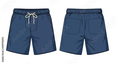 Illustration showcasing men's blue athletic shorts with a drawstring, depicted from front and back views for design reference