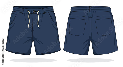 Navy blue shorts vector illustration showcasing front and back views for fashion design and textile applications providing versatile visual