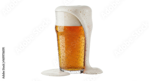 Fotografia Isolated cold beverage glass overflowing with foam, golden liquid refreshment dr