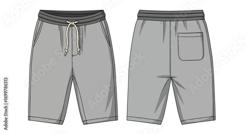Technical drawing of grey athletic shorts showcasing front and back views with drawstring detail and pocket design for fashion and design mockups
