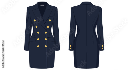 Sophisticated navy double-breasted blazer dress with golden buttons showcasing tailored fashion elegance and design details