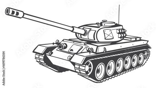 Dynamic monochrome illustration of a powerful armored military tank, symbolizing strategic warfare, robust defense, and industrial combat engineering