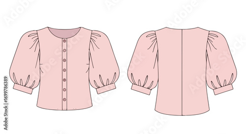 Elegant garment design showcasing a pink blouse with puffed sleeves and button-down style demonstrating front and back views for fashion