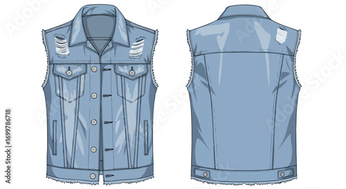 Denim Vest Illustration Showing Front and Back Views with a Ripped Design and Button Details for Apparel Design