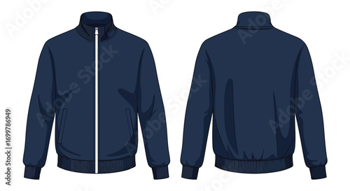 Technical apparel illustration showcasing a navy blue jacket design from front and back views for fashion industry reference use