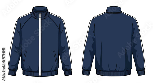 Illustration of a Dark Blue Track Jacket with Front and Back Views and White Stripes for Sports and Casual Wear Mockup Style on Clear Background