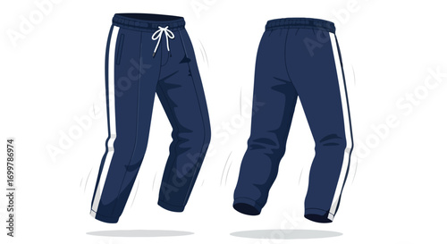 Stylish dark blue joggers with crisp white stripes, showcasing casual fashion and athletic wear for everyday activities and lifestyle choices