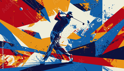 A golfer swings his club with power and precision against a vibrant, abstract background of red, blue, and yellow geometric shapes.