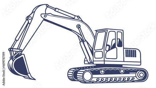 Industrial heavy equipment illustration of an excavator, designed for digging and earthmoving operations on various construction sites and development projects