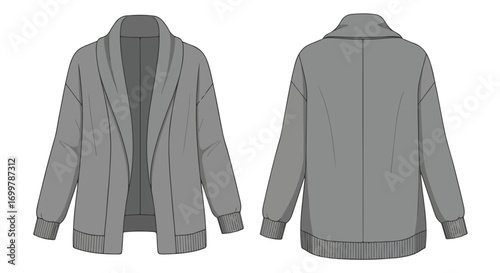 Grey open-front cardigan technical sketch showcasing front and back views for garment construction and design reference