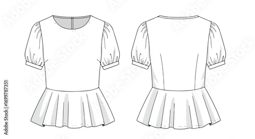 Technical drawing of a woman's blouse with short puff sleeves and a peplum waist, displaying both the front and back views