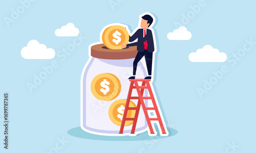 Businessman climbing ladder to save or put dollar coin into jar or piggy bank illustration of saving or financial business investment