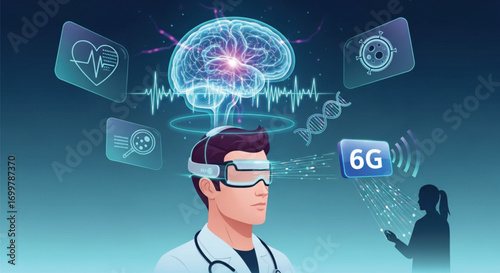 A doctor wearing VR glasses, surrounded by holographic medical data visualizations, including a brain, ECG, DNA, and a virus, suggests the integration of VR, 6G, and healthcare. EPS Vector