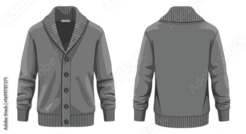 Elegant gray shawl collar cardigan mockup showcasing a front and back view, ready for custom design and branding, perfect for fashion portfolios