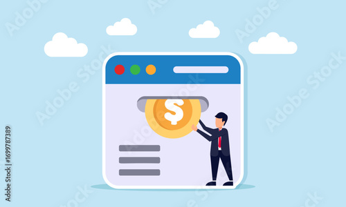 Businessman pulling dollar coin from application illustration of take profit from online business