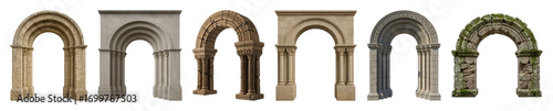 Stone archway set including classic, carved, ornate, and mossy styles isolated. Architectural and historical design elements for medieval projects.