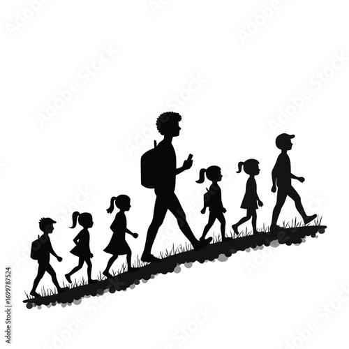 Man with backpack leads children walking uphill on grass silhouette