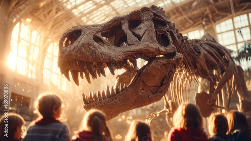 Children at science museum observe dinosaur skeleton, close-up of skull and emotions