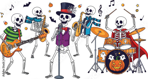 Spooky skeletons rock out with Halloween band music and fun