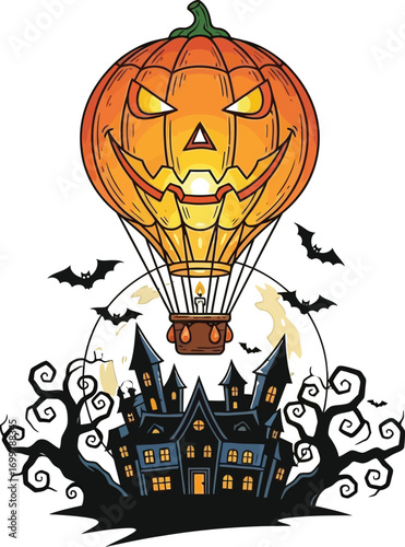 Spooky Halloween pumpkin hot air balloon flies over haunted mansion